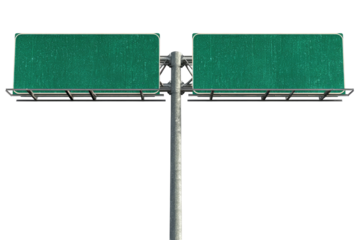 Two blank highway signs mounted on a metal pole.  Dark teal/green signs are rectangular and appear weathered.  A metal support structure is beneath the signs