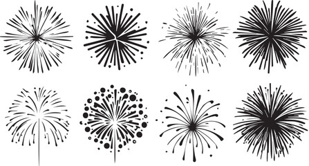 Radial bursting fireworks silhouettes with abstract geometric symmetry