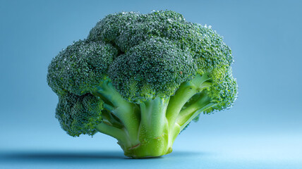 Fresh broccoli floret on blue background