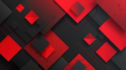 A red and black geometric pattern with red squares and black triangles, set against a black background with red accents.