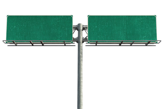 Two blank highway signs mounted on a metal pole.  Dark teal/green signs are rectangular and appear weathered.  A metal support structure is beneath the signs