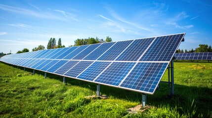 A solar panel array in a green field under a clear blue sky with a few scattered clouds.