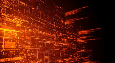 Digital data stream with glowing orange circuits and text in a futuristic setting
