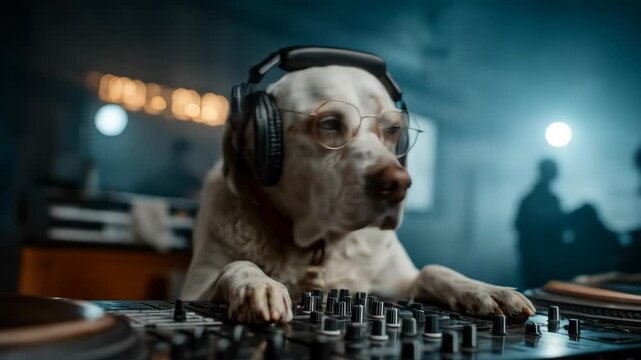 Close-up of a white Labrador wearing headphones at a DJ mixing console. In the background, people are dancing. A fun and energetic party scene with a canine twist.

