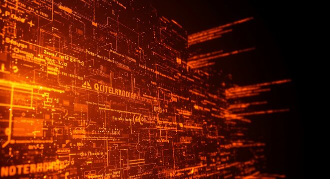 Digital data stream with glowing orange circuits and text in a futuristic setting - Powered by Adobe