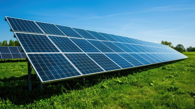 A solar panel array in a green field under a clear blue sky.