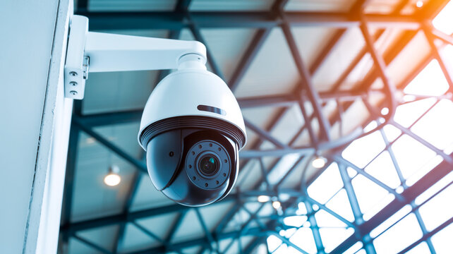 A professional security camera mounted on a white ceiling, featuring a white dome-shaped housing with black trim. The camera is a PTZ (Pan-Tilt-Zoom) model with a protective housing and visible lens.