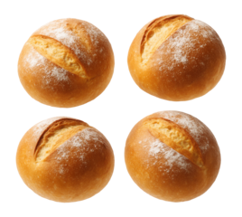 Four freshly baked round bread rolls with light flour dusting and a slash on top on transparent background.