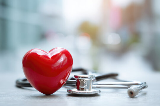 Red heart love shape hand exercise ball with doctor physician's stethoscope on hospital background: Hospital life insurance concept: World heart health day. doctor day, world hypertension day - Powered by Adobe