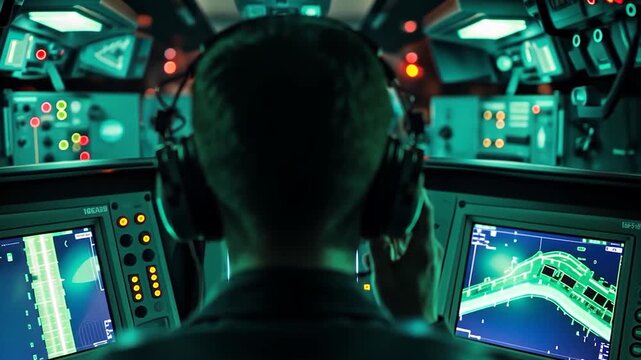 Man in headphones operating advanced control panel in a high-tech command center