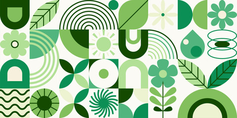 Green geometric nature vector pattern in minimal flat style &ndash; eco leaf, flower, globe, bird composition