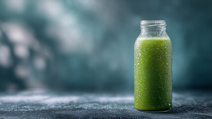 Front-facing green smoothie bottle on dark surface