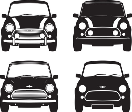 Four classic mini cooper cars front view silhouette
