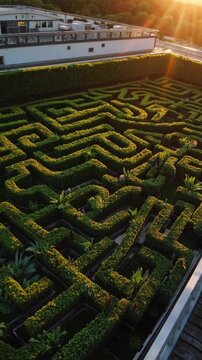 Golden hour radiance illuminating rooftop hedge maze, casting dramatic elongated shadows across geometric green topiary design with aerial perspective