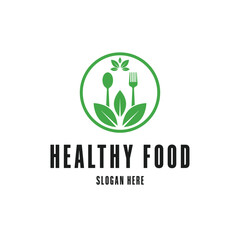 healthy food logo vector design concept idea with label circle and spoon and fork