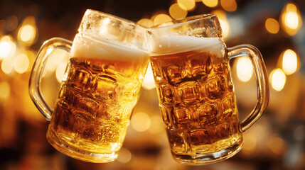 A close-up of two large, traditional German beer mugs (steins) filled with golden lager, clinking together in a toast. The background is a blurred, festive beer tent with warm lights.
