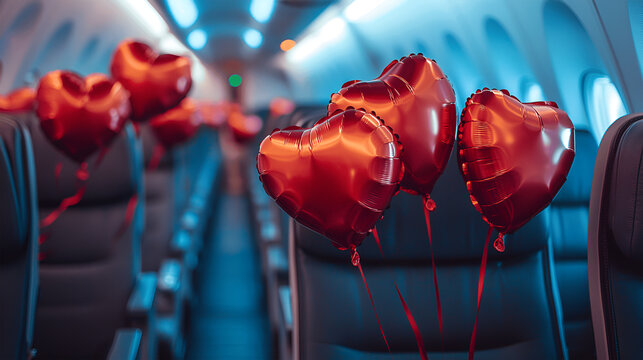 Heart-shaped red balloons are floating in an airplane cabin, creating a romantic atmosphere, with soft blue lighting enhancing the festive mood and travel experience