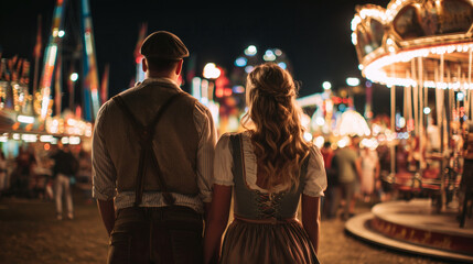 Obraz premium A young couple in traditional Lederhosen and Dirndl are seen from behind, walking away from the camera towards the bright, festive lights of the Oktoberfest fairground at night.