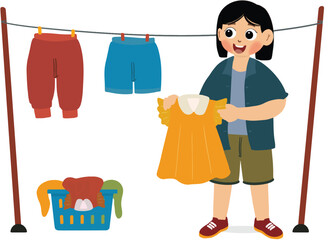 Cute little girl doing the task of drying wet clothes outside in the sun. little girl helping with homework and dries clothes outside in the sun