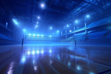 Gleaming volleyball court inside a large indoor stadium. Volleyball court shines in an expansive indoor stadium, perfect for sports event promotions and athletic branding projects.