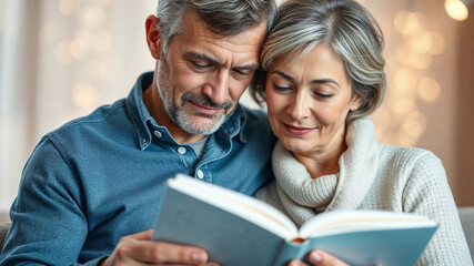 Mature Couple Enjoying a Book Together in Cozy Home Setting for Relationship Blogs, Wellness Websites, and Family Lifestyle Articles