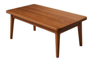 Rectangular wooden coffee table with smooth edges and four sturdy legs on transparent background.