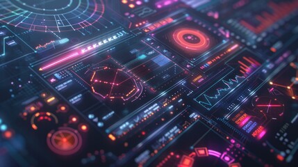 A futuristic, digital interface with a dark, metallic background, featuring a variety of colorful, glowing, and abstract shapes and patterns.