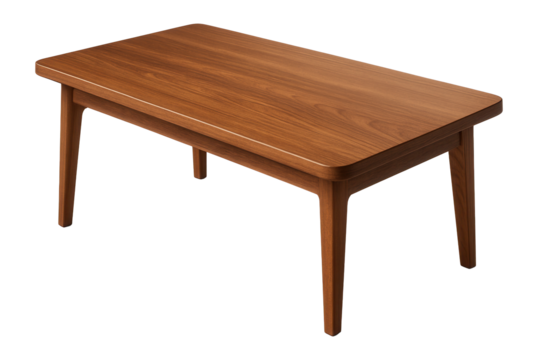 Rectangular wooden coffee table with smooth edges and four sturdy legs on transparent background.