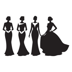 A black and white silhouette illustration of five elegant women in formal ball gowns arranged in a horizontal line. 
