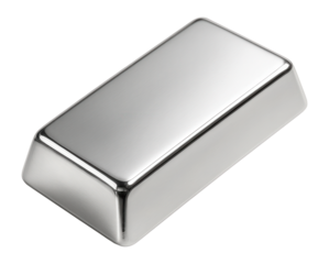 Shiny silver metal bar with smooth surface and rectangular prism shape on transparent background.