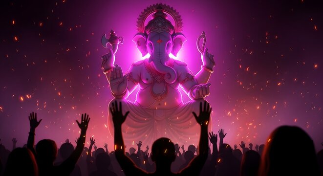 Illustration of ganesha with devotees raising hands in a purple and pink fiery background scene art