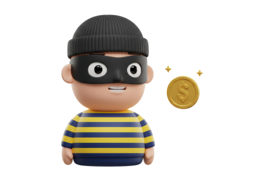Isolated Cartoon Thief Character with Striped Shirt and Money Coin