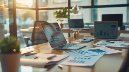 Laptop with graphs and documents on a wooden desk in a modern office setting.