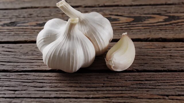 beautifully detailed 4k dolly shot of fresh garlic cloves with textured skin and earthy tones on a wooden board ideal for cooking healthy eating and culinary visuals with a rustic flair