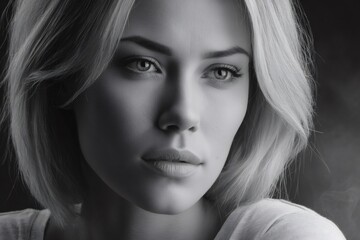 Blonde woman posing with serious expression in black and white
