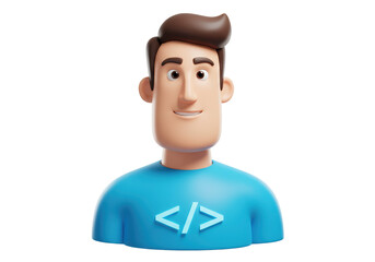Isolated 3D Render of a Smiling Male Programmer Avatar with Code Symbol T-Shirt