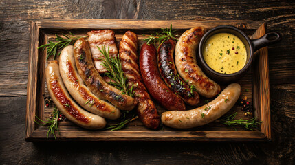 A delicious-looking platter of various German sausages (Bratwurst, Weisswurst), served on a simple wooden board with a side of mustard, shot from a top-down angle.