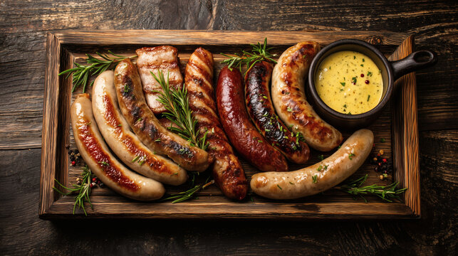 A delicious-looking platter of various German sausages (Bratwurst, Weisswurst), served on a simple wooden board with a side of mustard, shot from a top-down angle.