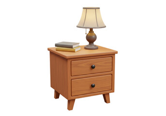 Isolated Wooden Nightstand with Lamp and Books