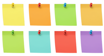 Colorful sticky notes pinned up mockup isolated on transparent background
