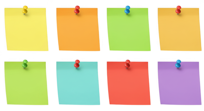 Colorful sticky notes pinned up mockup isolated on transparent background