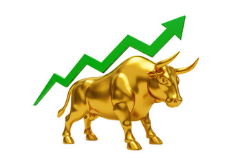 Isolated Golden Bull Sculpture with Upward Trending Arrow Symbolizing Market Growth