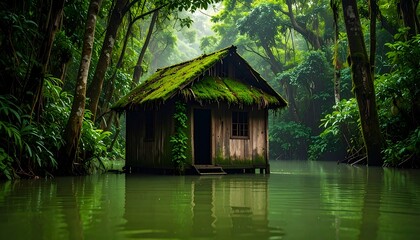 Cabin Sitting in Calm River Surrounded by Lush Green Forest