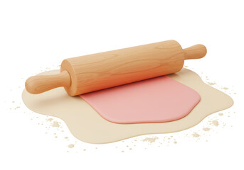 Isolated Wooden Rolling Pin on Dough Ready for Baking