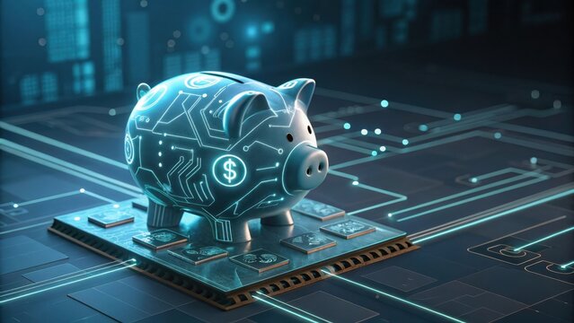Piggy bank with digital circuit design, representing financial technology