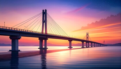 Obraz premium Cable-stayed Bridge Over Water at Sunset with Colorful Sky