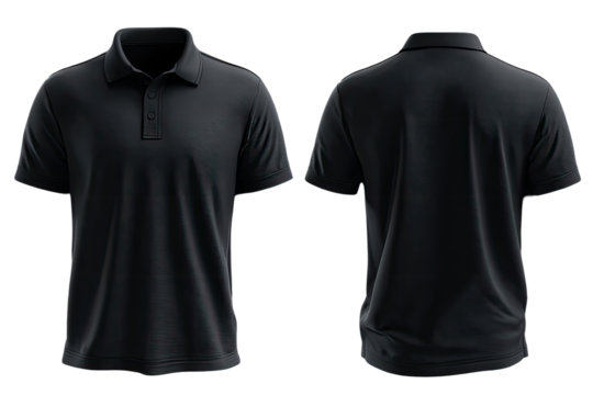 Front and back view of a dark gray polo shirt.  Blank template