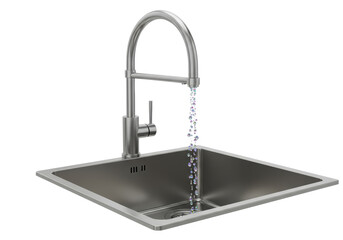 Isolated Stainless Steel Kitchen Sink with Sparkling Water Droplets