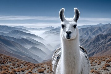 Fototapeta premium White llama carrying bags in andes mountains on sunny day