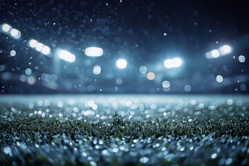 Wet field illuminated by bright stadium lights ideal for sports event backgrounds, sports themed designs, or dramatic outdoor settings visuals.